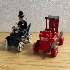 Vintage Wooden Christmas Ornament  Lot of 2 Classic Wood Automobile Car Snowman